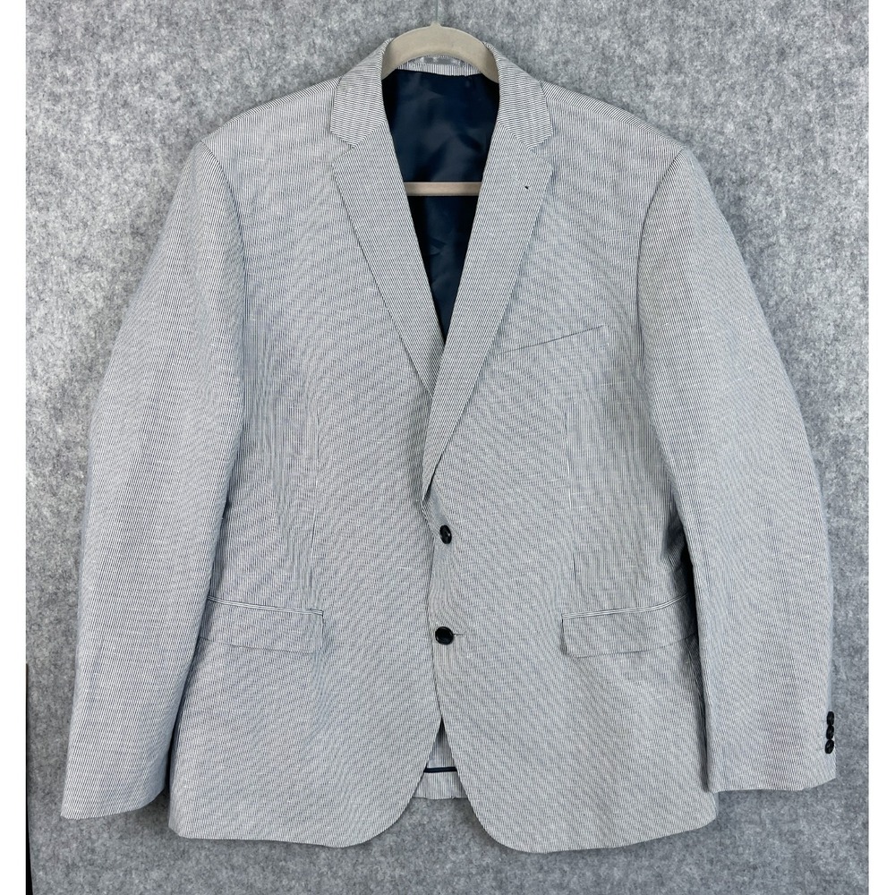 Frank & Oak Milo Blazer Sport Coat Mens 46 Blue Striped Linen Cotton Preppy
